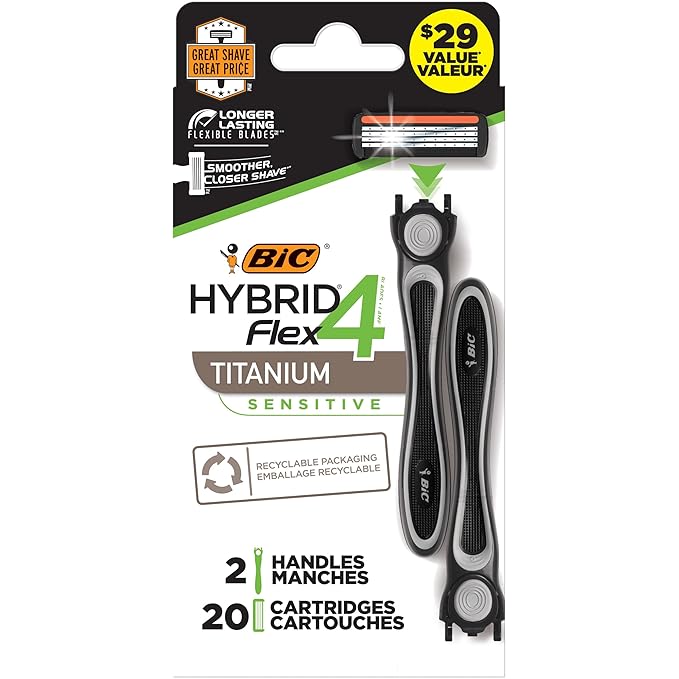 BIC Flex 4 Hybrid Men's 4-Blade Disposable Razor 2 Handles and 20 Cartridges Smooth and Close Shave