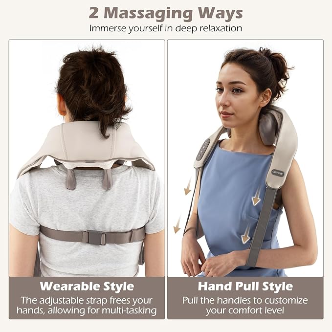 COSTWAY Neck Shoulder Massager with Heat 4D Deep Tissue Kneading Shiatsu Machine for Pain Relief Portable Cordless Neck Back Leg Massager Pillow Gift for Mom Dad Family Women Men (Beige)