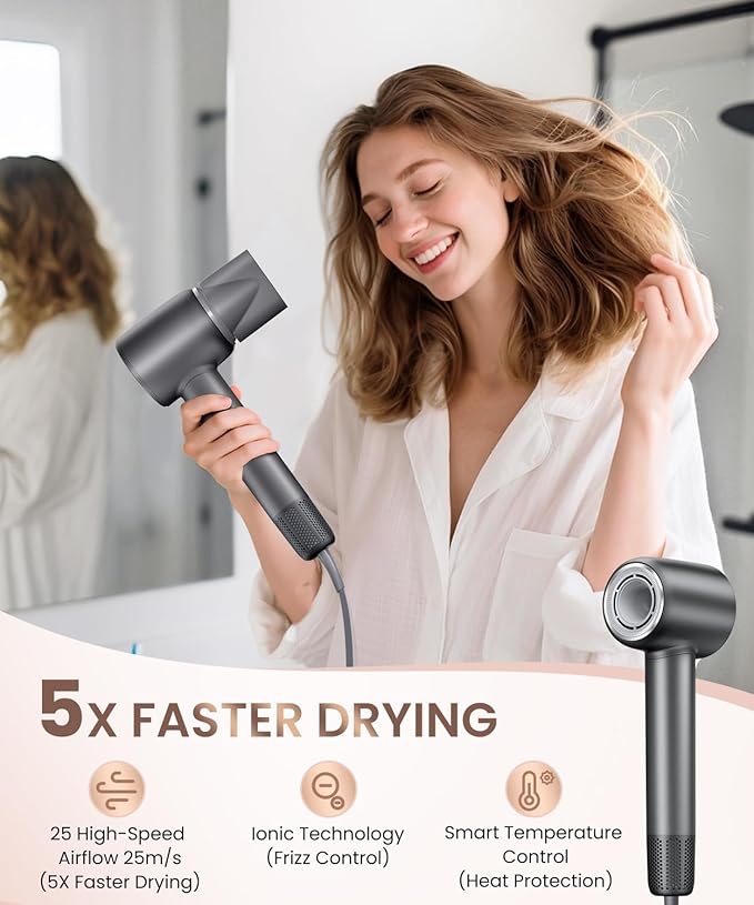 Hair Dryer Professional 140000 RPM High-Speed Brushless Motor Negative Ionic Low Noise Blow Dryer for Fast Drying Thermo-Control Quiet with Magnetic Nozzle for Home Travel Salon UseBlack