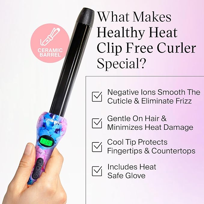 Eva NYC Healthy Heat Clip-Free Curling Wand Tourmaline-Infused Hair Curler with Far-Infrared Ceramic Wand Curling Iron Hair Wand Styling Tool with Adjustable Heat 1 Inch Floral Frenzy
