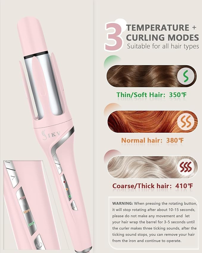 Rotating Curling Iron1 Inch Automatic Hair Curler for Beach WavesAutomatic Curling Iron and Hair Straightener 2 in 1Curling Wand with Dual VoltageAnti-ScaldPink