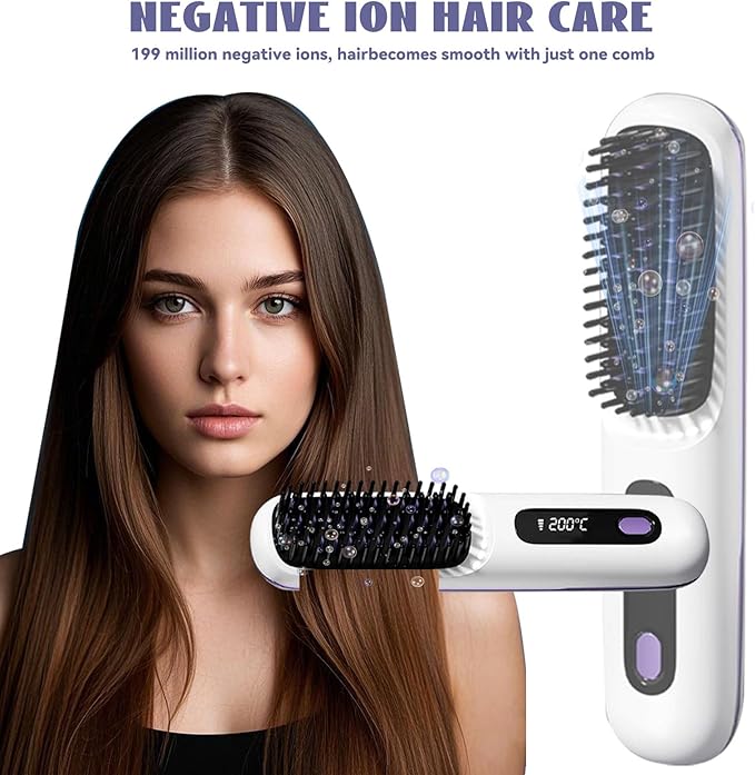 Cordless Hair Straightener Brush 7.8 Mini Hair Straightener with LCD Temperature Display Portable Hair Straightener Comb for Travel Negative Ionic Brush Straighteners for Women (White)