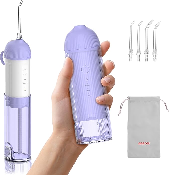 BESTEK Water Dental Flosser Teeth Pick: Cordless Portable Oral Irrigator with 4 Jet Tips Rechargeable IPX7 Waterproof Water Flosser for Teeth Gums Braces Care and Travel - Violet