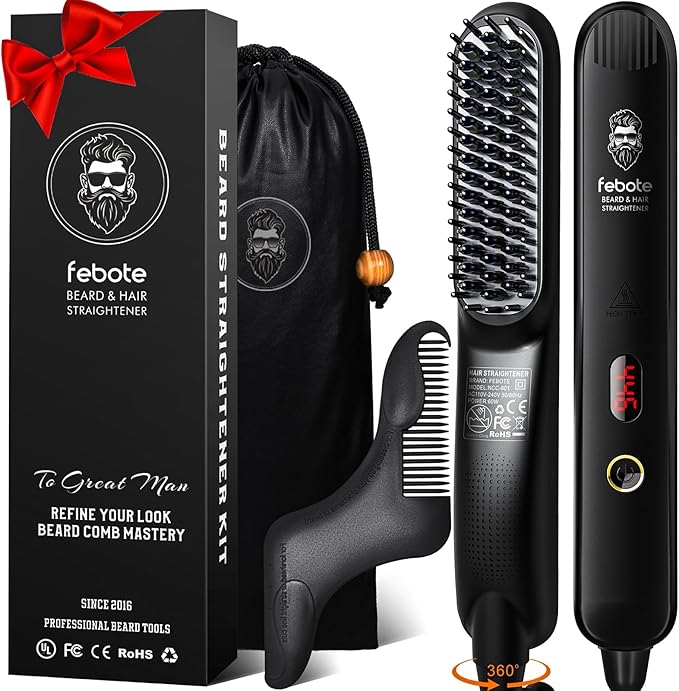 Gifts for Men – Beard Straightener Brush with 5 Heat Settings &amp 2 oz Unscented Biotin Beard Balm – Beard Grooming Kit for Styling Softening &amp Growth