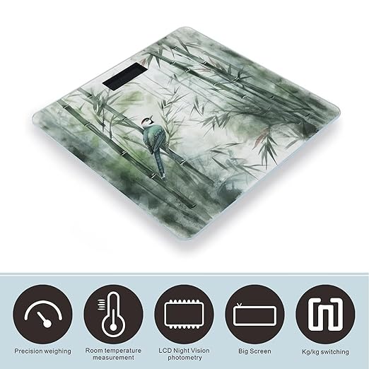Green Bird Painting Scale for Body Weight Accurate Digital Bathroom Scale Toughened Glass High Precision Scales Smart Weight Scales with Large LCD Backlight Display Weighing Machine