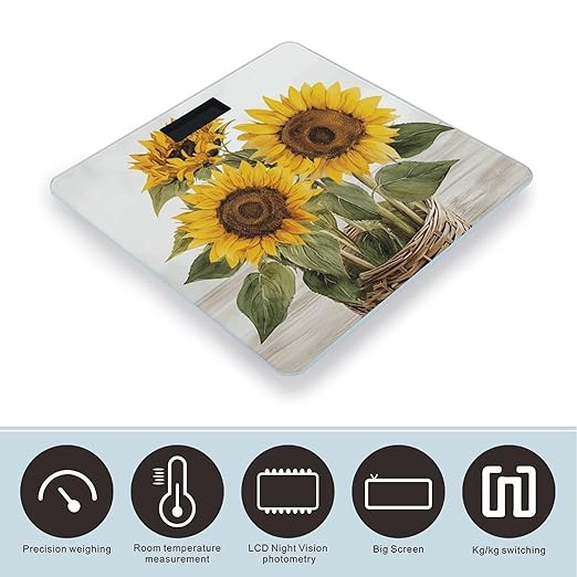 Alluring Sunflowers Summer Scale for Body Weight Precision Bathroom Weighing Scales with Back Lit LCD Display Sturdy Tempered Glass Body Weight Scales Digital Bathroom Scale 400lb
