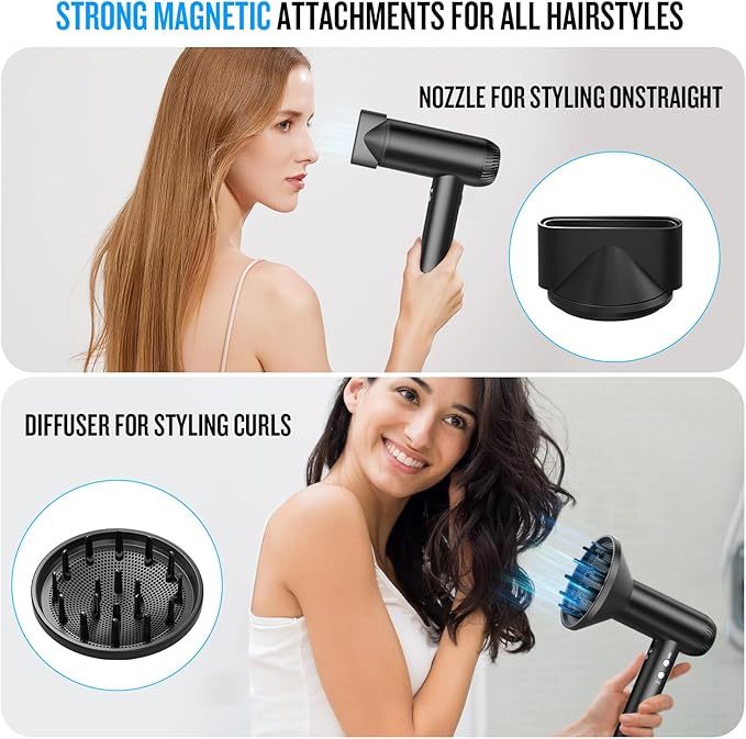 2026 Hair Dryer 200000 RPM Professional High Speed Blow Dryer with Diffuser for Women 1200M Negative Ionic Hair Dryer with Brushless Motor Low Noise Hair Blow Dryer for Home Travel Salon Black