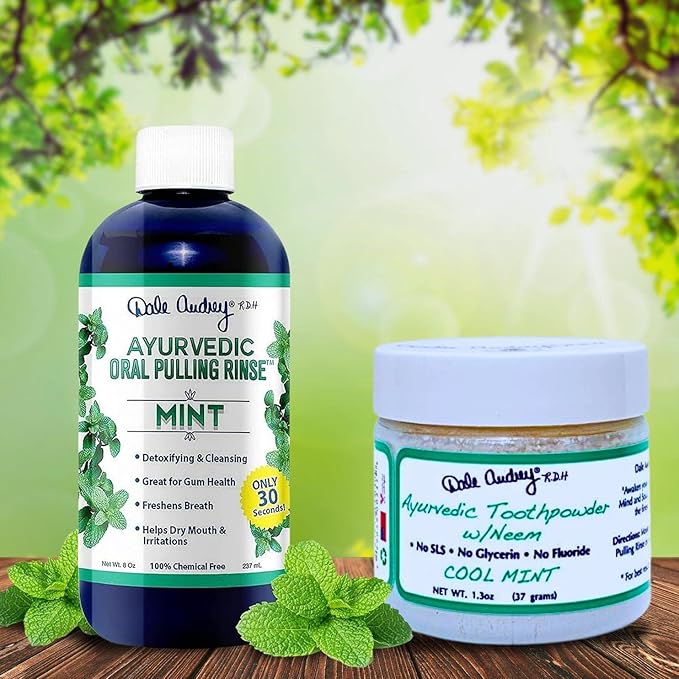 Ayurvedic Organic Mint Sesame Oil Pulling &amp Remineralizing Tooth Powder | Mint Flavored Organic Oral Rinse Mouthwash | Tooth Powder for Instant Teeth Whitening Free Bundle Pack-8 FL Oz (Bottle)