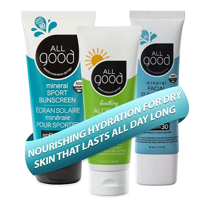 All Good Sport Mineral Sunscreen Aloe Gel &amp Facial Sunscreen Bundle - UVA/UVB Broad Spectrum SPF 30+ Water Resistant - Includes (2) SPF 30 Sport Sunscreen (1) Aloe Gel &amp (1) Facial Sunscree