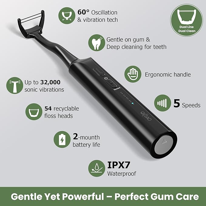 Electric Flosser for Teeth Water Flosser Alternative with 5 Speeds + 54 Refill Heads 5X Cleaning &amp 60 Day Battery Life Oscillation Gliding for Sensitive Gum Care Dentist Recommended -Black