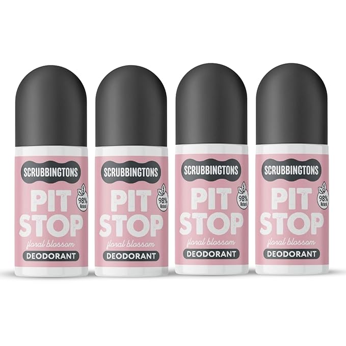 Scrubbingtons Pit Stop 98% Natural Deodorant For Women Roll on For Sensitive Skin Made in UK. Paediatrician approved Aluminium &amp Alcohol Free Vegan &amp Cruelty Free Floral Blossom 75ml x 4