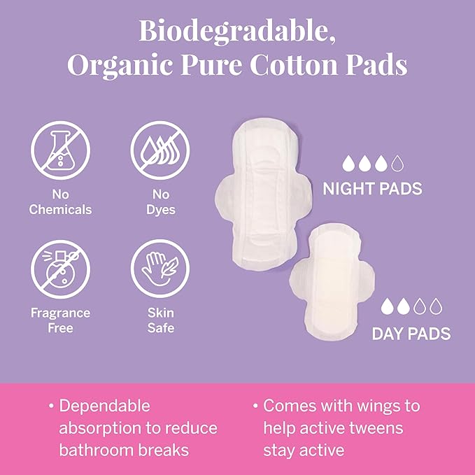 Pixie Organic Cotton Pad Kit for Girls – 64ct Mini &amp 48ct Regular Pads with Wipes – Leak-Proof with Wings – Perfect for Teens &amp Light to Average Flow