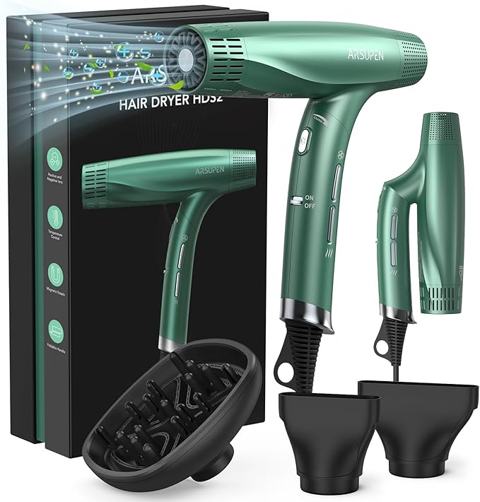 Professional Hair Dryer with Powerful Brushless Motor High Speed for Fast Drying with Magnetic Nozzle Lightweight Foldable Dual Ionic Blow Dryer 12 Modes Super Quiet for Travel Salon Home
