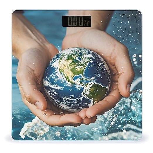 Hands Holding The Earth Bathroom Scale for Body Weight Bathroom Weighing Scales with Back Lit LED Display Sturdy Tempered Glass Body Weight Bathroom Scale 400lb Weighing