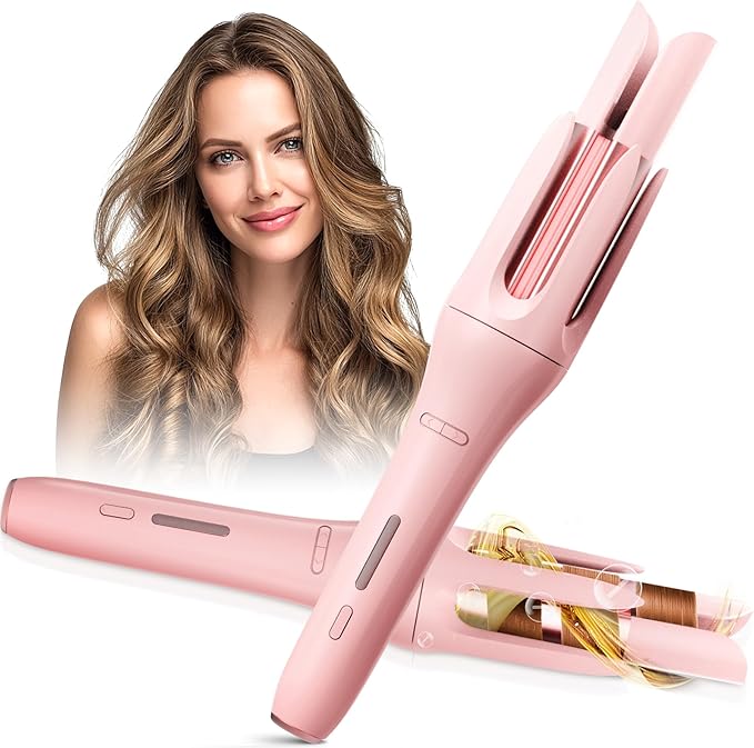 Automatic Rotating Curling Iron with 3 Temperature Fast Heating Auto Hair Curler with Timer Settings Anti-Tangle Automatic Shut-Off and Scalding for Hair Styling Pink