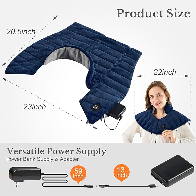 Portable Cordless Heating Pad for Neck Shoulders &amp Back - Rechargeable Battery Operated Heating Pad with 3 Heat Settings Birthday Gift for Women Weighted Neck Warmer for Pain Relief (Navy Blue)