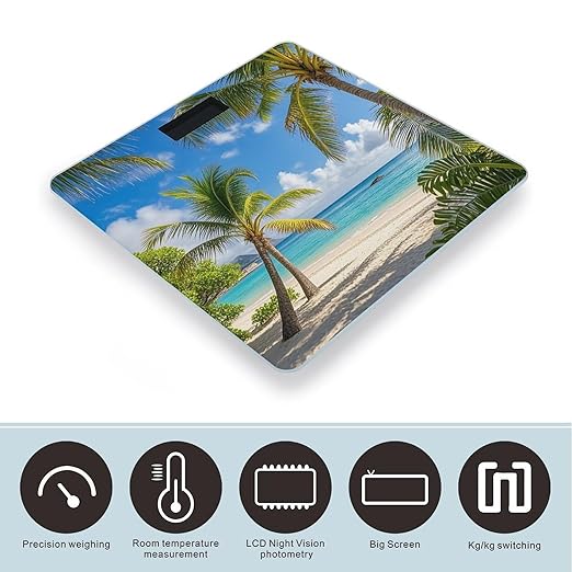 Tropical Palm Tree Hawaii Beach Bathroom Scale Automatic Power On/Off Body Scales LCD Backlight Display Square Digital Scale Rounded Corners Bathroom Scales for Home Bedrooms
