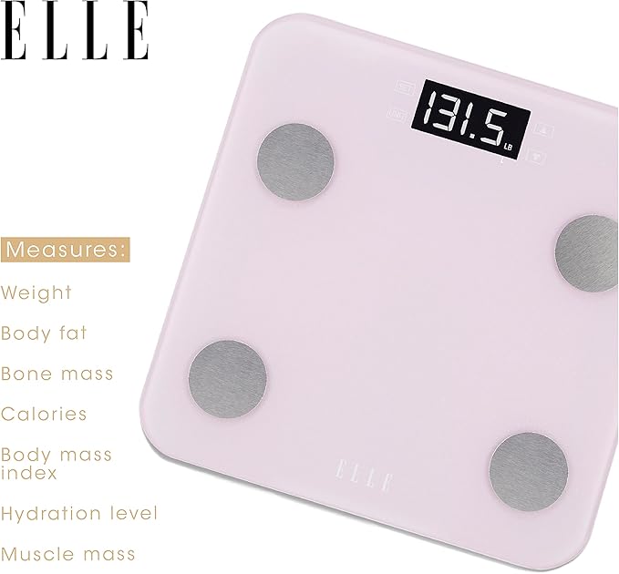 ELLE Digital Body Analysis Scale with BMI Body Fat Hydration Muscle Mass Bone Mass Calories and Weight Tracking Purple LCD Display Tempered Glass 400 lbs Capacity