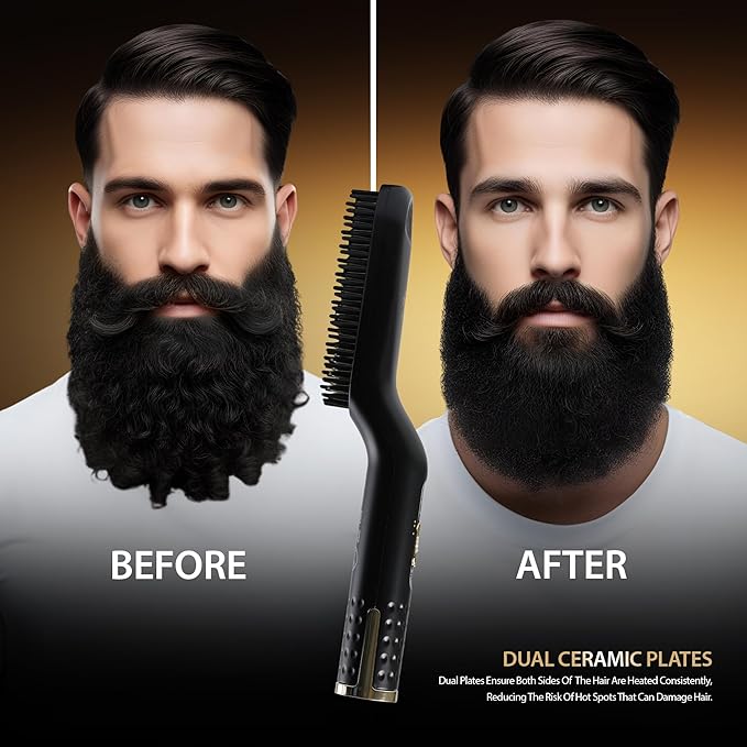Cutting Edge Heated Beard Straightener Brush for Men Includes Beard Oil &amp Beard Balm Ceramic Heated Brush Auto Shutoff Beard Straightening Hot Comb Tool for Men