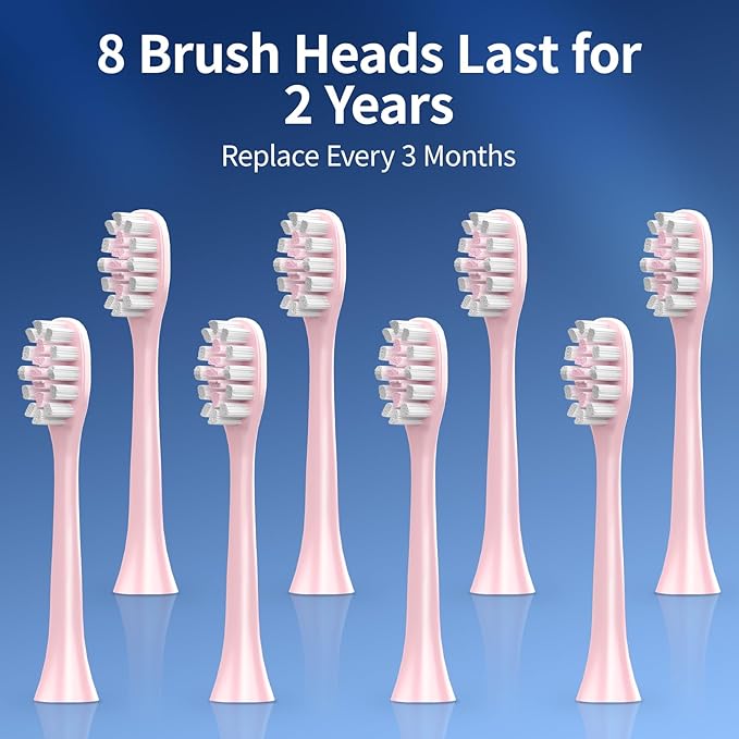 Sonic Vibrating Toothbrush with Pressure Sensor Pink Electric Toothbrush with 8 Brush Heads 3 Modes 33000VPM 2-Min Timer One Charge Lasts for 30 Days 3D Rounded Soft Bristles IPX7 Waterproof