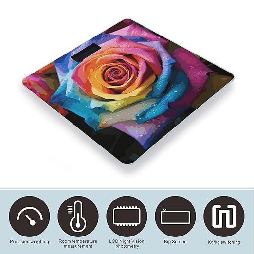 Rainbow Rose Flower Scale for Body Weight Anti-Slip Digital Bathroom Scale Sturdy Toughened Glass Weighing Scales High Precision Safe Rounded Corners Smart Scales