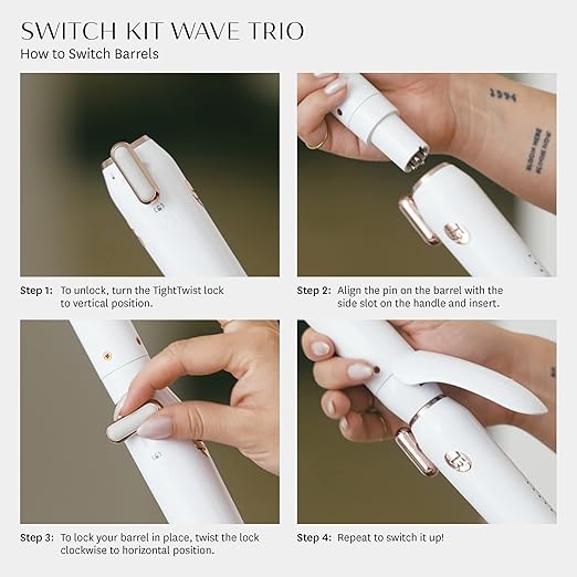 T3 Switch Kit Professional Ionic Interchangeable Curling Iron with 3 Ceramic Clip &amp Wand Long Barrels for Curling and Waving 9 Adjustable Heat Settings &amp Ion Generator White/Rose Gold