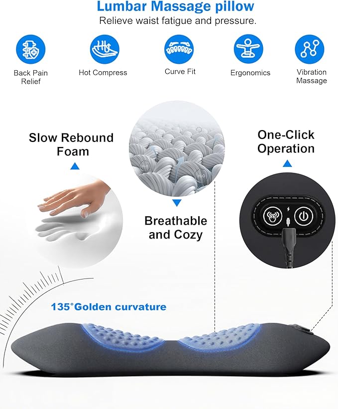 FSA Eligible HSA 3 in 1 Electric Lumbar Support Pillow -Lower Back Massager with Heat &amp VibrationAir Lift TechnologyErgonomic Memory Foam Back Massager for Pain Relief Deep Tissue