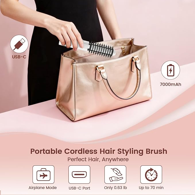 Youbella Cordless Hair Curling Iron Brush Portable Travel Hair Curler Mini 1.5″ Heated Round Brush 3-in-1 USB Rechargeable Straightening Wand for Styling &amp Smoothing 200 Million Ionic Care Wh