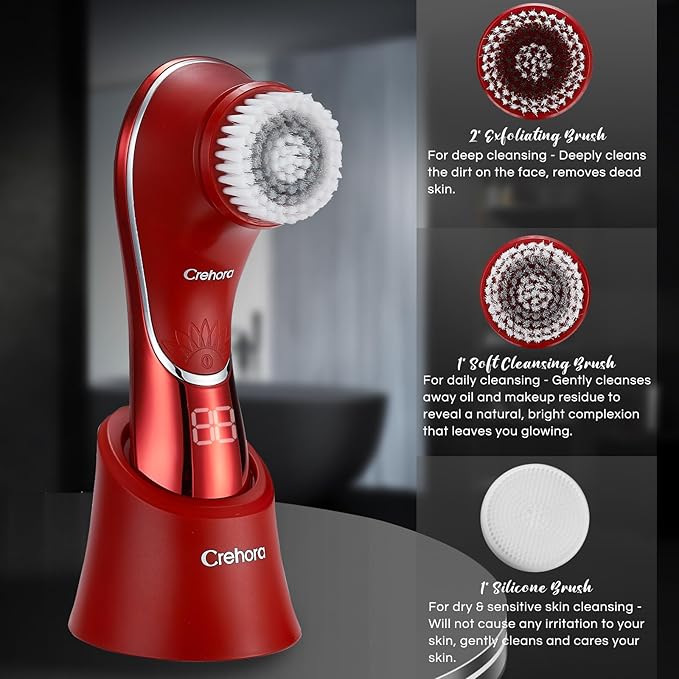 Facial Cleansing Brush Electric Face Scrubber Facial Cleansing Brush Rechargeable IPX-7 Waterproof Rotating Face Scrubber for Exfoliating Massaging and Deep Cleansing with 4 Brush Heads