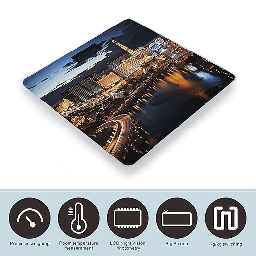 Las Vegas Night View Scale for Body Weight High Precision Digital Weight Scales with LCD Display Anti-Slip Sturdy Slim Tempered Glass Bathroom Scale for Home Use