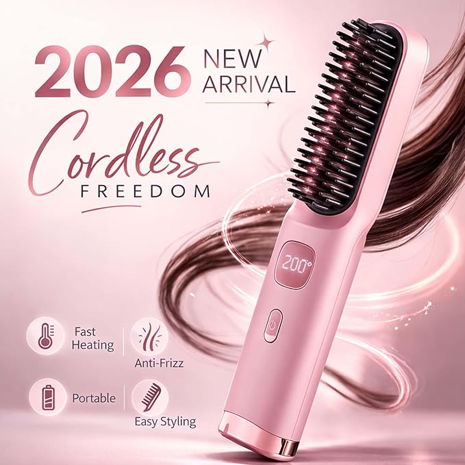 Portable Straightener Brush for Short Hair2026 New Cordless Hair Straightener Brush4 Temperature SettingsCeramic Care Fast Heating Hair Comb Styling Tool for Women Home Use (Pink)