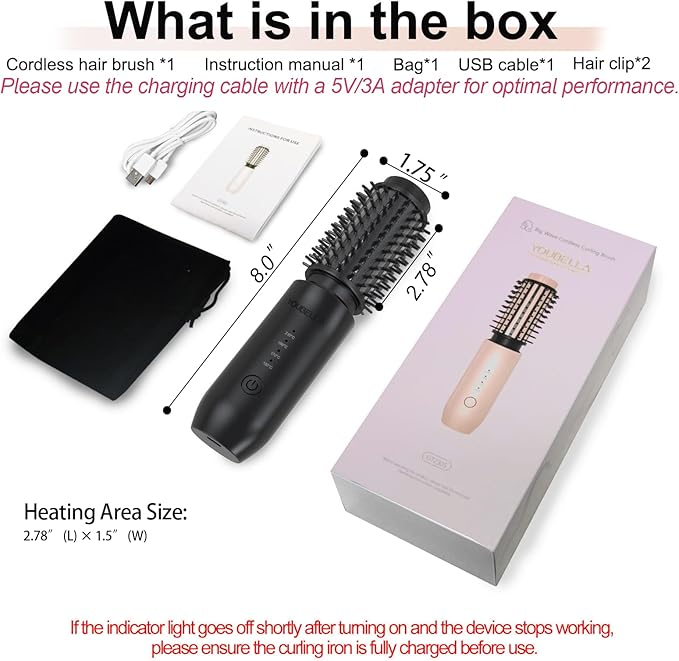 Youbella Cordless Hair Curling Iron Brush Mini Travel Hot Straightener Comb 3-In-1 Portable Wave Curling Wand 1.5″ Ionic Heated Brush USB Rechargeable Hair Curler All Black –No Automatic Rotation