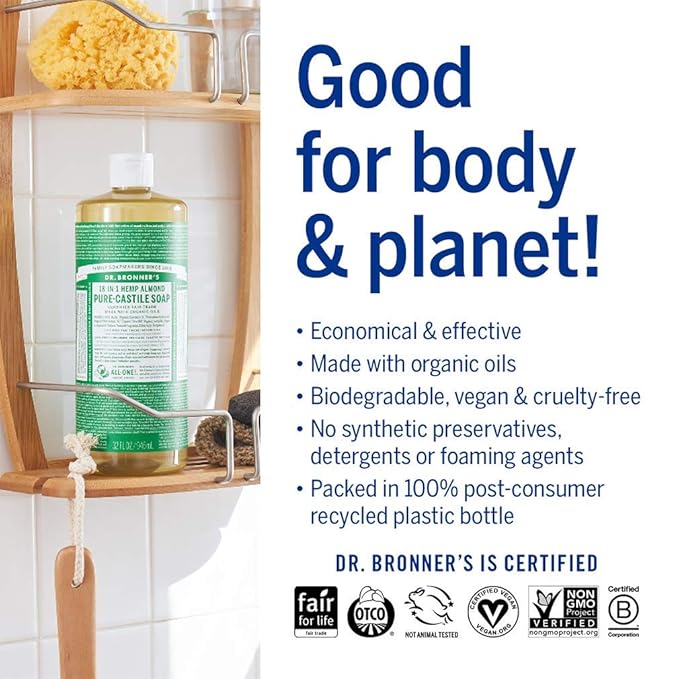 Dr. Bronner's - Pure-Castile Liquid Soap (Almond 32 ounce) - Made with Organic Oils 18-in-1 Uses: Face Body Hair Laundry Pets and Dishes Concentrated Vegan Non-GMO