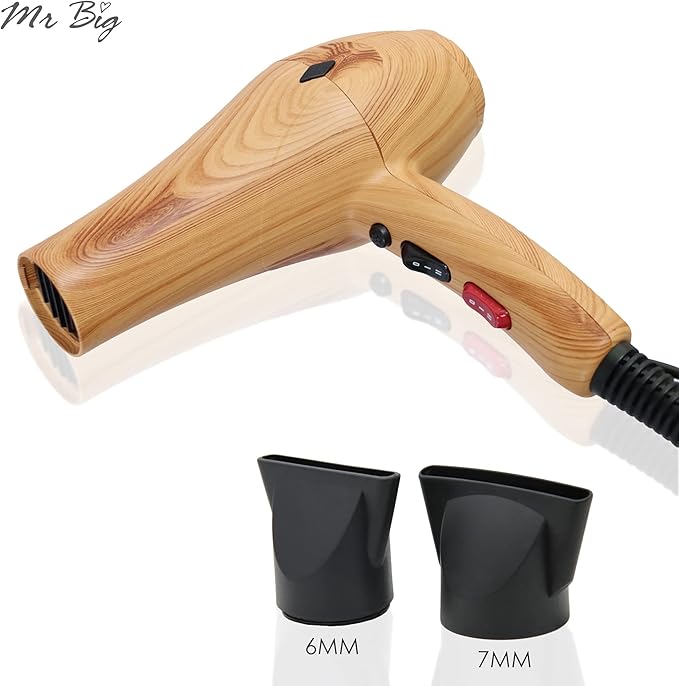 Mr Big Eco Pro Wood Grain Hair Dryer – Innovative Wood Look Design Multiple Speed &amp Heat Settings Cool Shot Button 2 Concentrator Nozzles – Fast Drying Frizz Control