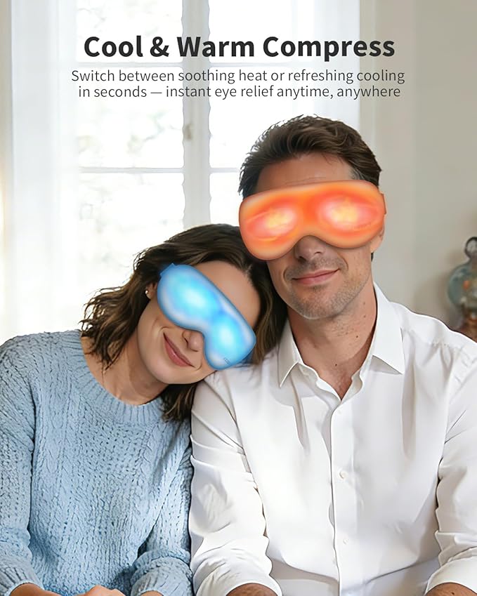 Eye Massager with Heat and Vibration and Cooling - Heated Cooling Eye Mask with Rapid Temp Control 4 Massage Modes 3 Temp Modes 2400mAh Battery for Dry Eyes Migraines Puffiness Relief