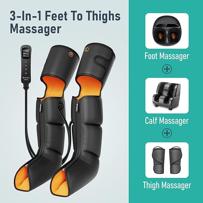 QUINEAR Leg Massager with Compression 3-in-1 Foot Calf &amp Thigh Massager and Compression Therapy with Timer Leg Massage Boots for Circulation and Pain Swelling Edema Relief FSA-HSA Eligible
