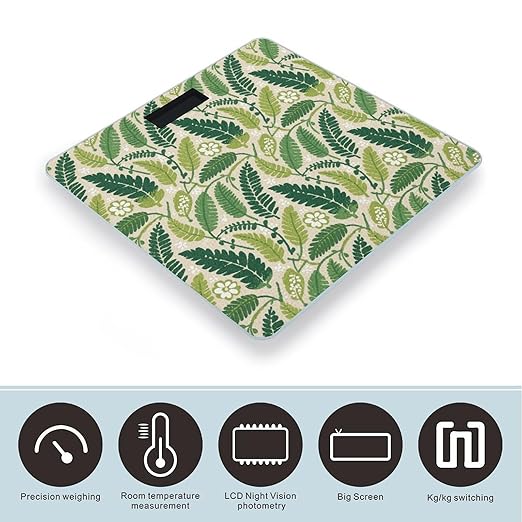 Green Leaves Print Weight Scale Large Bathroom Scales Digital Weight with Bright LED Display Non Slip Automatic Weighing Scale Fashion Weighing Machine for Body