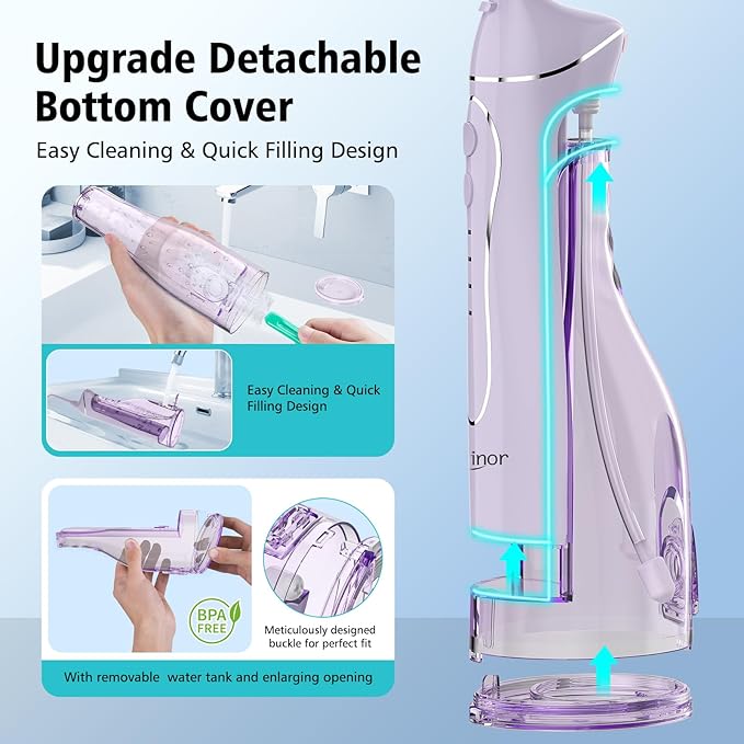 Leominor Water Dental Flosser Pick for Teeth 300ML Portable Oral Irrigator Upgraded Tank RemovableIPX7 Waterproof Rechargeable Travel Teeth Cleaner Professional Electric Flossing Machine(T-Purple)