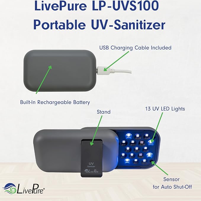 LivePure Handheld UV Light Sanitizer. Portable UV Light for Disinfecting Room Kitchen Car Bathroom Household Surfaces. White
