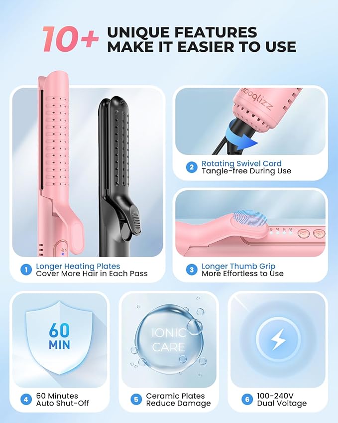 Airflow Styler Curling Iron Hair Straightener and Curler 2 in 1 with 360°Cooling Vents Dual Voltage Adjustable Temp Rose Pink