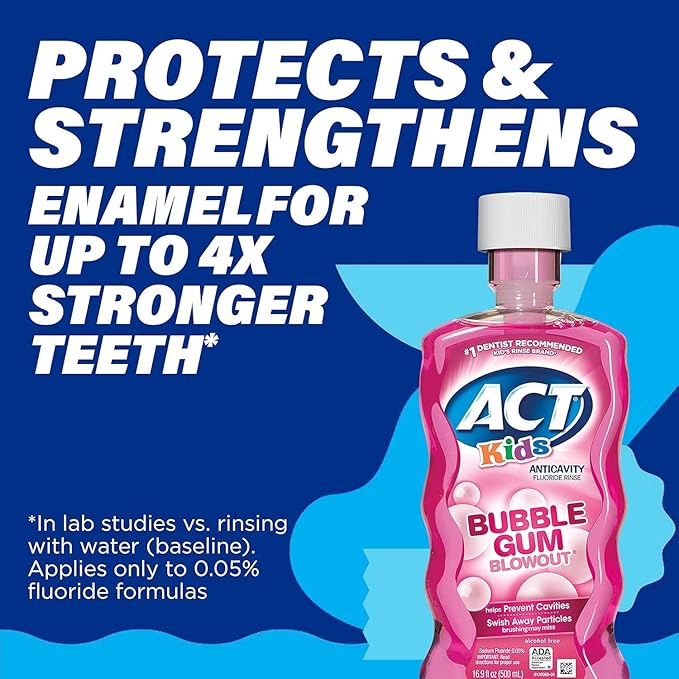 ACT Anticavity Kids Bubblegum Blowout Alcohol Free Fluoride Rinse 16.9 fl oz - Buy Packs and SAVE (Pack of 4)