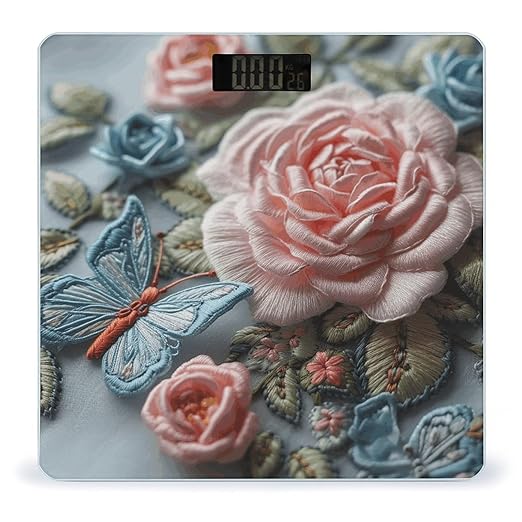 Embroidered Pink Roses Scale for Body Weight Precision Bathroom Weighing Scales with Back Lit LCD Display Sturdy Tempered Glass Body Weight Scales Digital Bathroom Scale 400lb