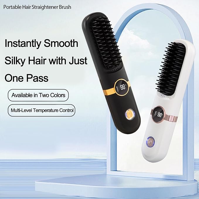 Cordless Portable Hair Straightener Brush Rechargeable Heated Styling Comb with 3 Heat Settings &amp LED Display Adjustable Cordless Hair Brush for Travel Office Gym &amp Daily Touch-Ups (Black)