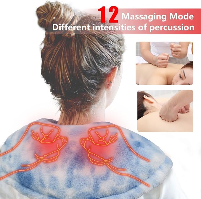 Heating Pad with Massager for Upper Back and ShoulderLarge Massage Heated Wrap for Back Pain Relief12 Percussion Massage Mode 3 in 1 Weighted Massage Electric Heated Pad