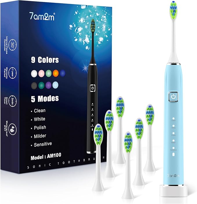 7AM2M Sonic Electric Toothbrush with 6 Brush Heads for Adults&ampKids One Charge for 120 Days Wireless Fast Charge 5 Modes 40000VPM Powered Toothbrush 2 Minutes Built in Smart Timer (Light Blue)