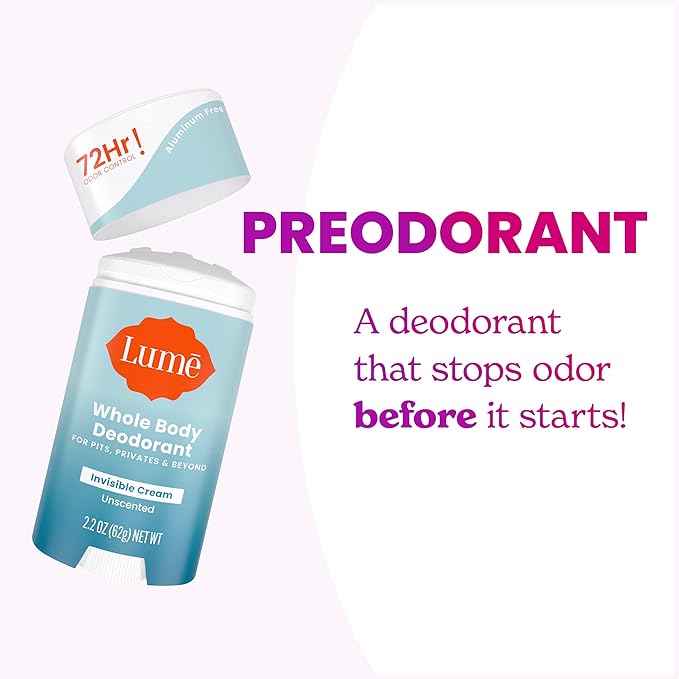 Lume Whole Body Deodorant - Invisible Cream Stick - 72 Hour Odor Control - Aluminum Free Baking Soda Free Skin Safe - 2.2 Ounce (Pack of 2) (Unscented)