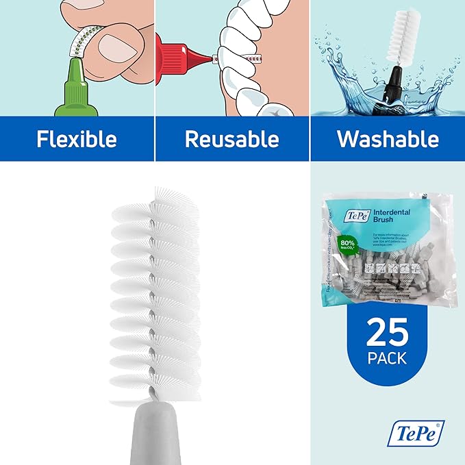 TEPE Interdental Brush Original Soft Dental Brush for Teeth Cleaning Pack of 25 1.3 mm Extra-Large Gaps Gray Size 7