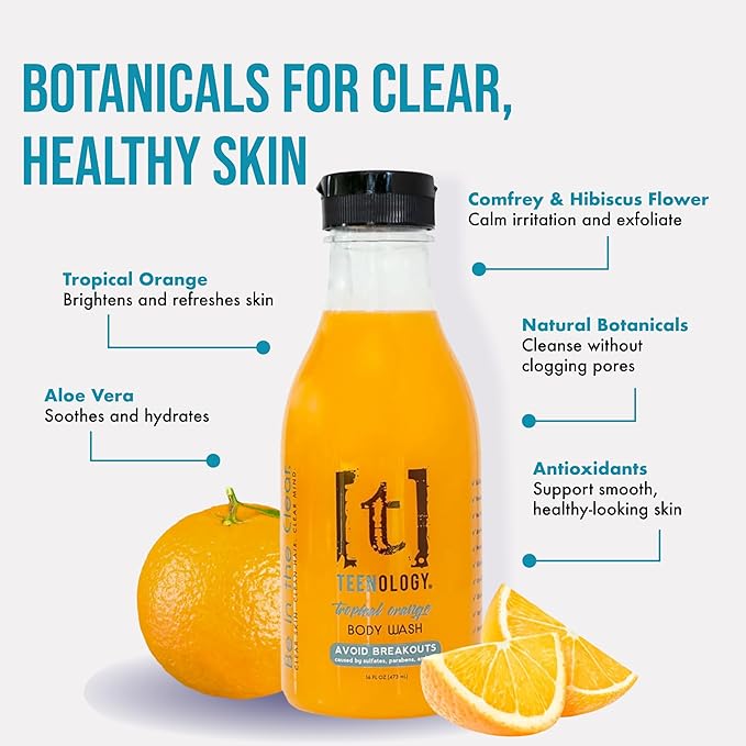 Teenology Body Wash for Teens Avoid Acne Breakouts Sulfate &amp Paraben Free with Natural Botanical Extracts for Clear &amp Healthy Skin 16 oz - (Tropical Orange)