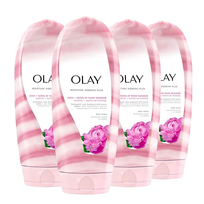 Olay Body Wash for Women Moisture Ribbons Plus Deep Conditioning &amp Moisturizing Formula Long Lasting Smooth Soft Skin For All Skin Types Shea Butter &amp Peony Blossom Scent 18 fl oz (Pack