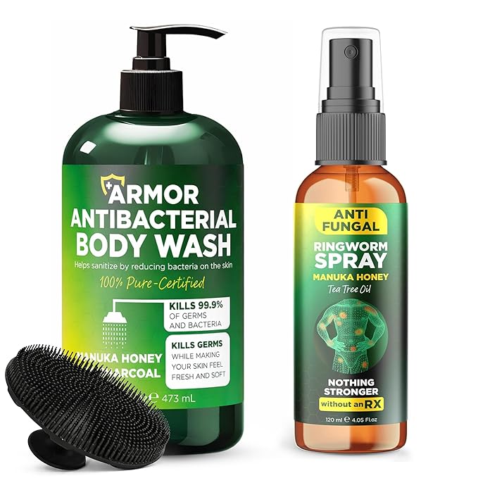 Tea Tree Oil Body Care Bundle – Antibacterial Body Wash (16 fl oz) + Antifungal Ringworm Spray with Manuka Honey (4.05 fl oz) – Soothes Itchy Skin Reduces Odor for Men &amp Women